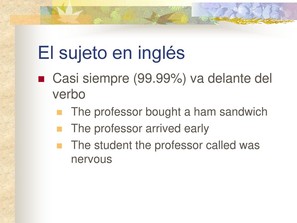 El sujeto en inglés Casi siempre (99.99%) va delante del verbo