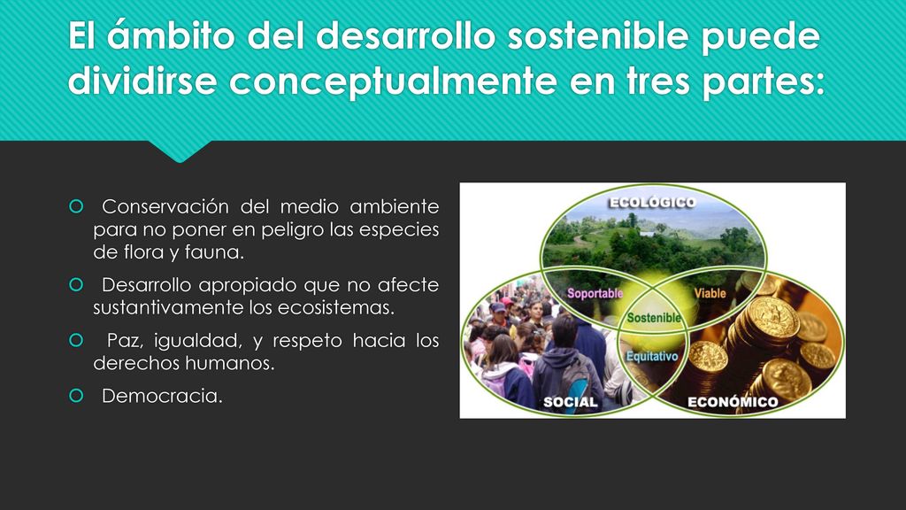 El ámbito del desarrollo sostenible puede dividirse conceptualmente en tres partes: