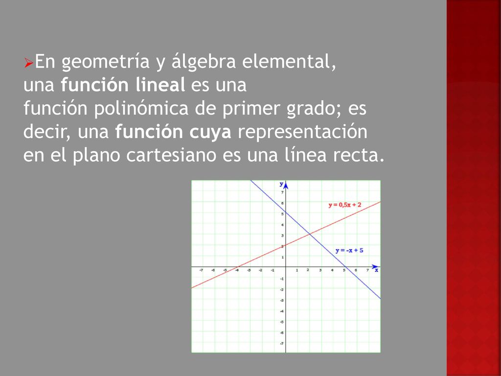 En geometría y álgebra elemental, una función lineal es una función polinómica de primer grado; es decir, una función cuya representación en el plano cartesiano es una línea recta.