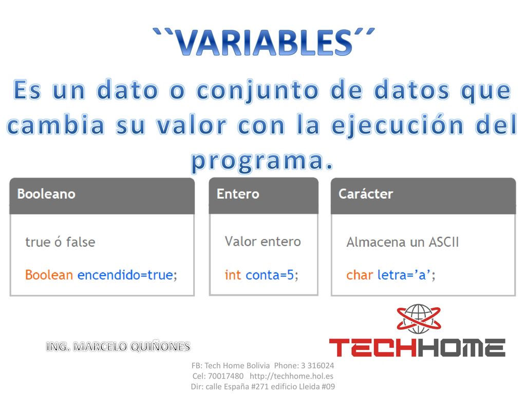 ``VARIABLES´´ Es un dato o conjunto de datos que cambia su valor con la ejecución del programa. ING. MARCELO QUIÑONES.
