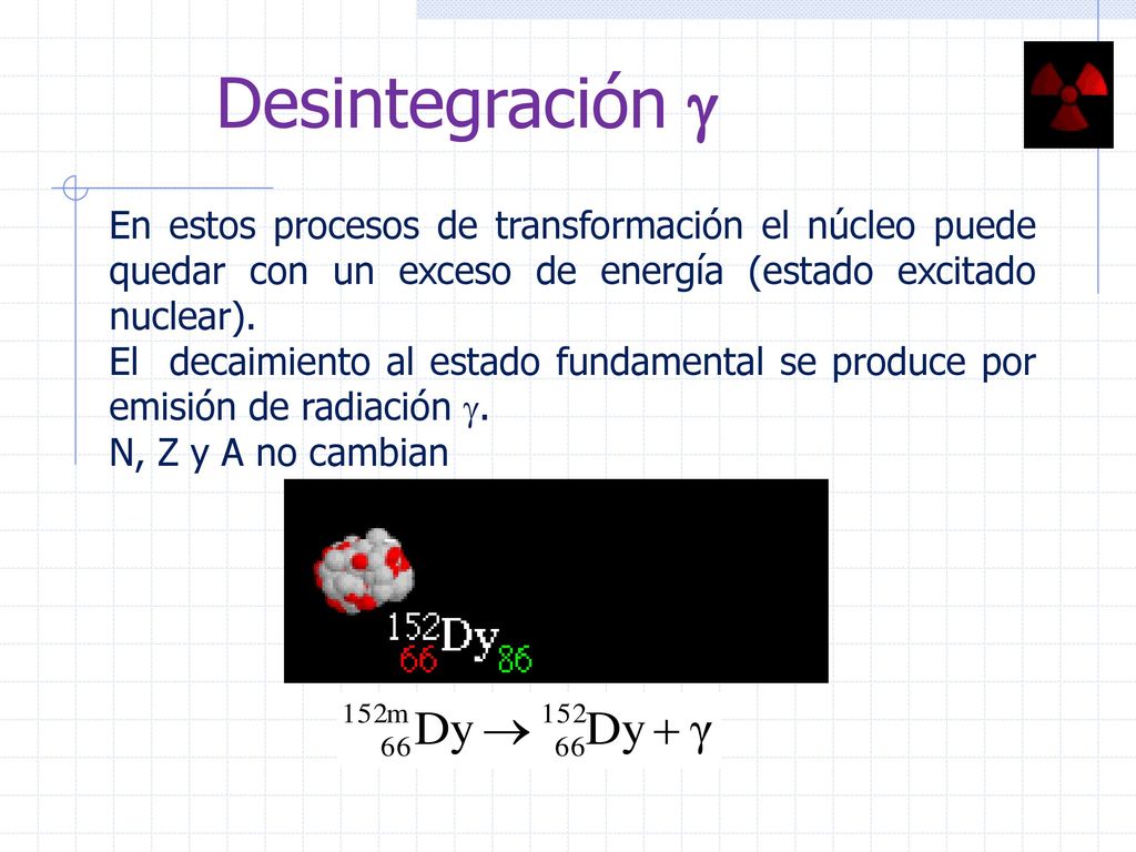Desintegración g En estos procesos de transformación el núcleo puede quedar con un exceso de energía (estado excitado nuclear).