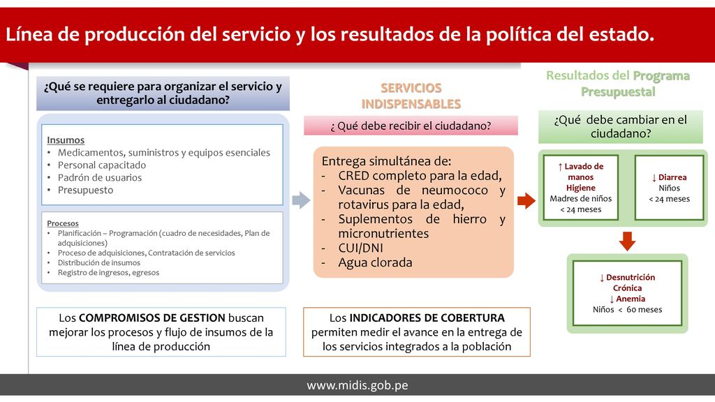 Línea de producción del servicio y los resultados de la política del estado.