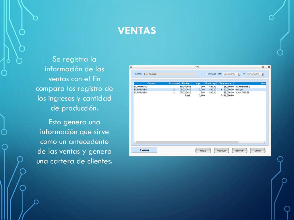 VENTAS Se registra la información de las ventas con el fin compara los registro de los ingresos y cantidad de producción.