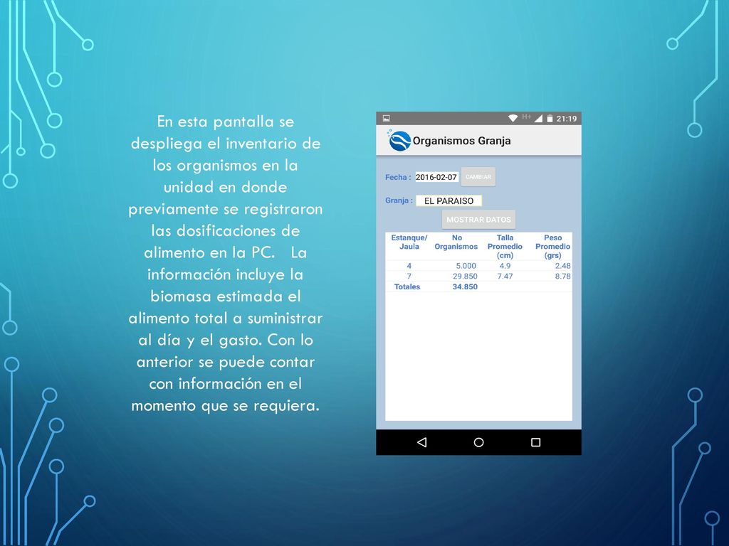 En esta pantalla se despliega el inventario de los organismos en la unidad en donde previamente se registraron las dosificaciones de alimento en la PC.