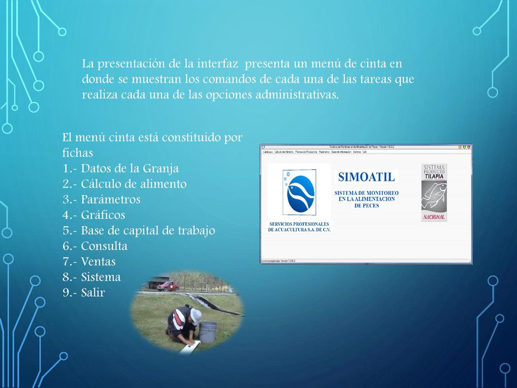 La presentación de la interfaz presenta un menú de cinta en donde se muestran los comandos de cada una de las tareas que realiza cada una de las opciones administrativas.
