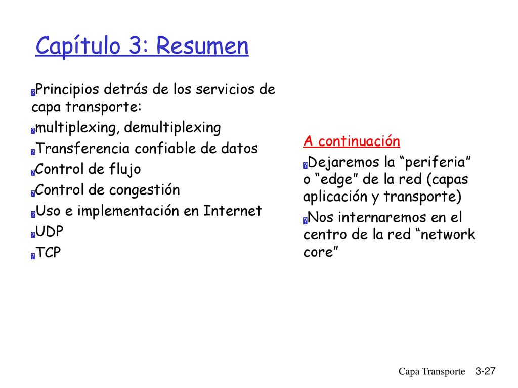 Capítulo 3: Resumen Principios detrás de los servicios de capa transporte: multiplexing, demultiplexing.
