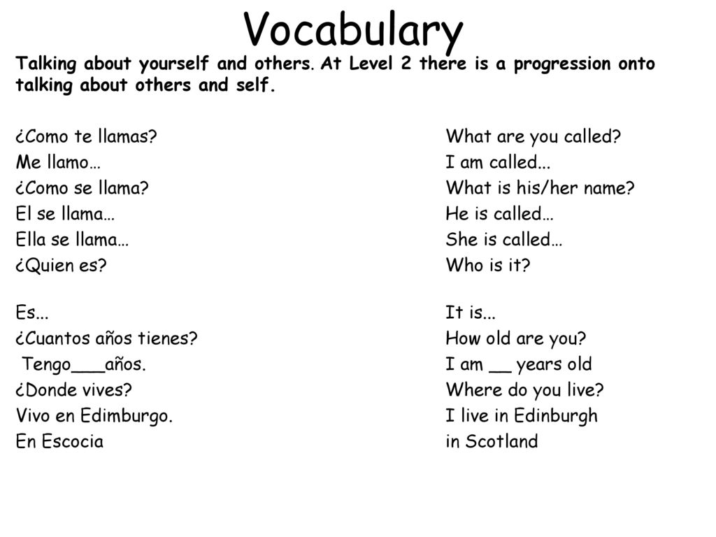 Vocabulary Talking about yourself and others. At Level 2 there is a progression onto talking about others and self.