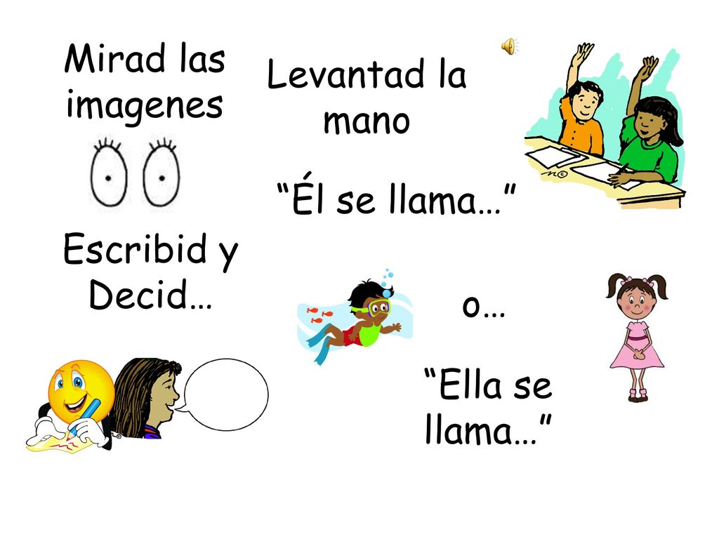 Mirad las imagenes Levantad la mano Él se llama… Escribid y Decid…