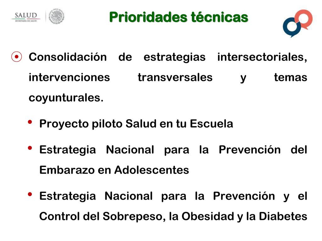 Prioridades técnicas Consolidación de estrategias intersectoriales, intervenciones transversales y temas coyunturales.
