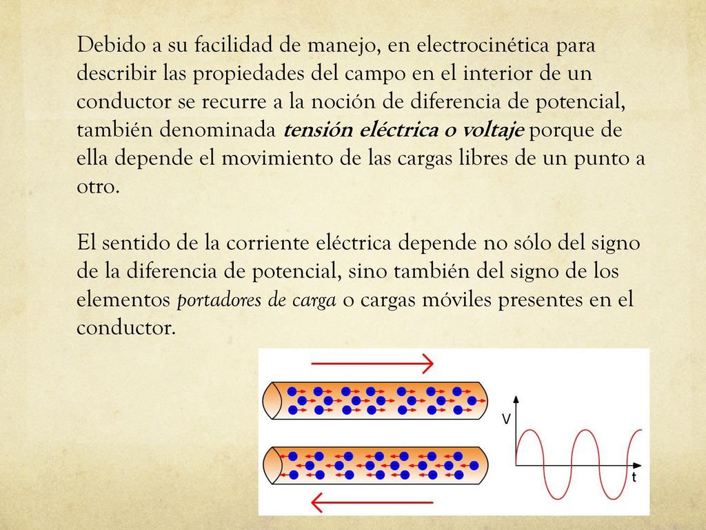 Debido a su facilidad de manejo, en electrocinética para describir las propiedades del campo en el interior de un conductor se recurre a la noción de diferencia de potencial, también denominada tensión eléctrica o voltaje porque de ella depende el movimiento de las cargas libres de un punto a otro.