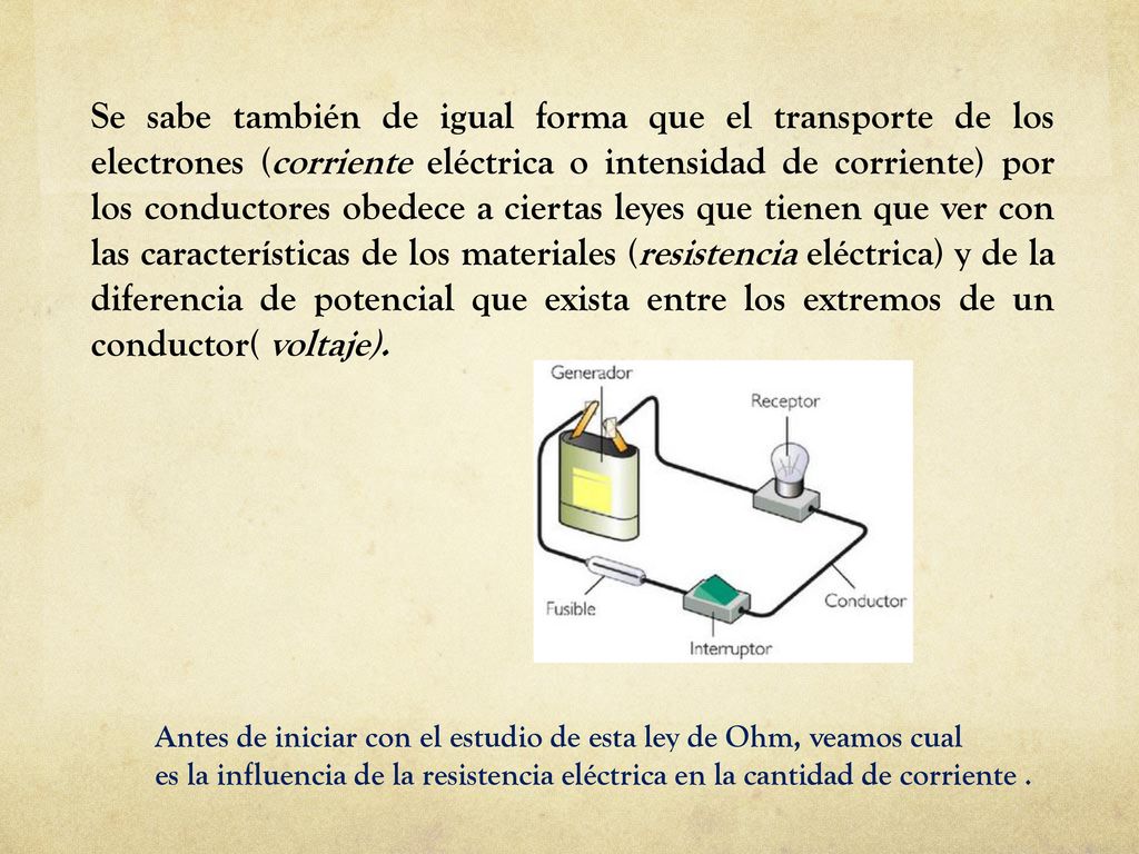 Se sabe también de igual forma que el transporte de los electrones (corriente eléctrica o intensidad de corriente) por los conductores obedece a ciertas leyes que tienen que ver con las características de los materiales (resistencia eléctrica) y de la diferencia de potencial que exista entre los extremos de un conductor( voltaje).