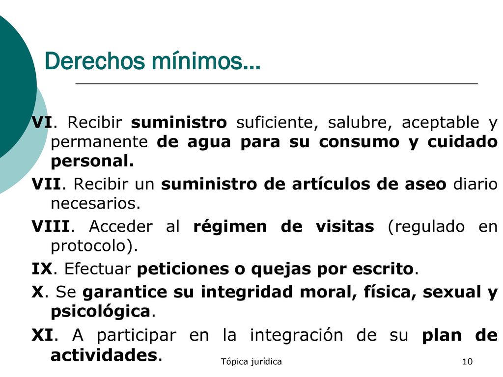 Derechos mínimos… VI. Recibir suministro suficiente, salubre, aceptable y permanente de agua para su consumo y cuidado personal.