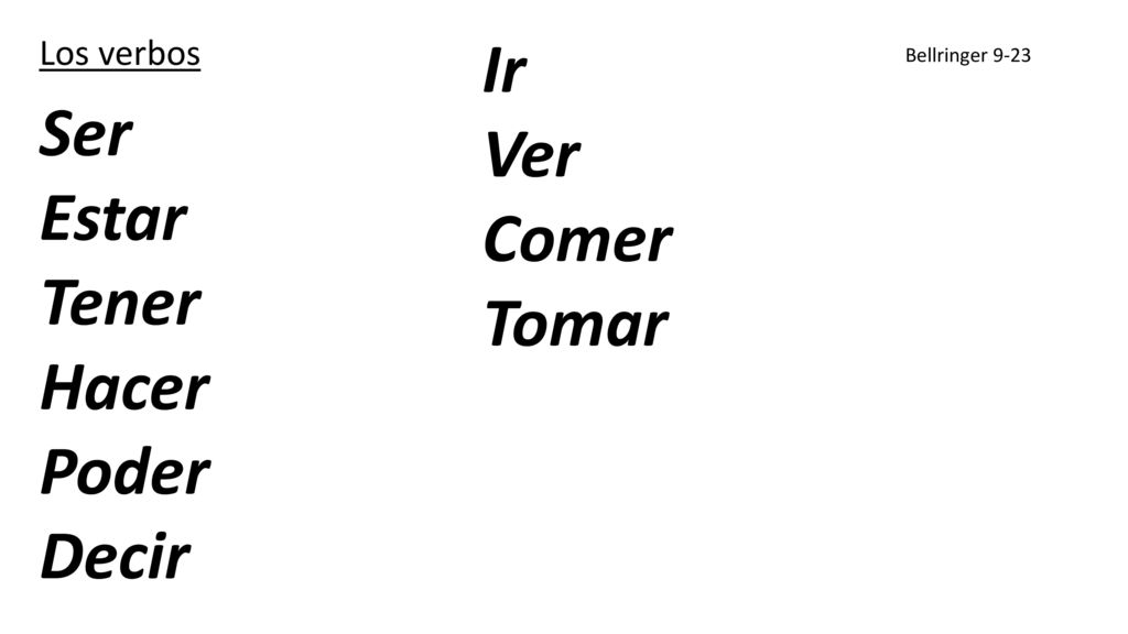 Ir Ser Ver Estar Comer Tener Tomar Hacer Poder Decir Los verbos