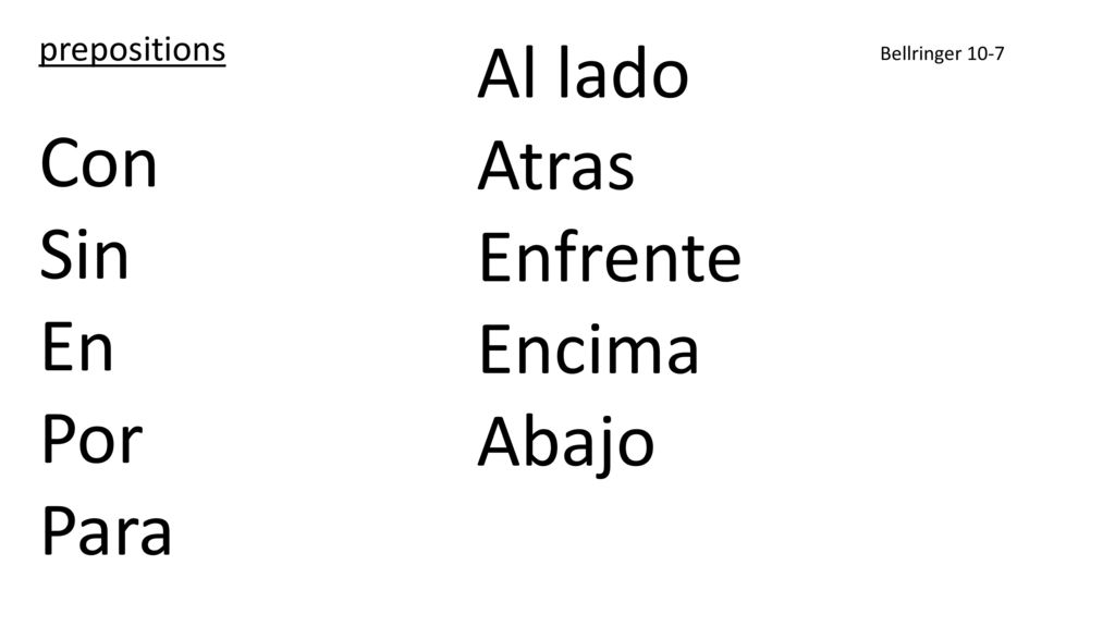 Al lado Con Atras Sin Enfrente En Encima Por Abajo Para prepositions