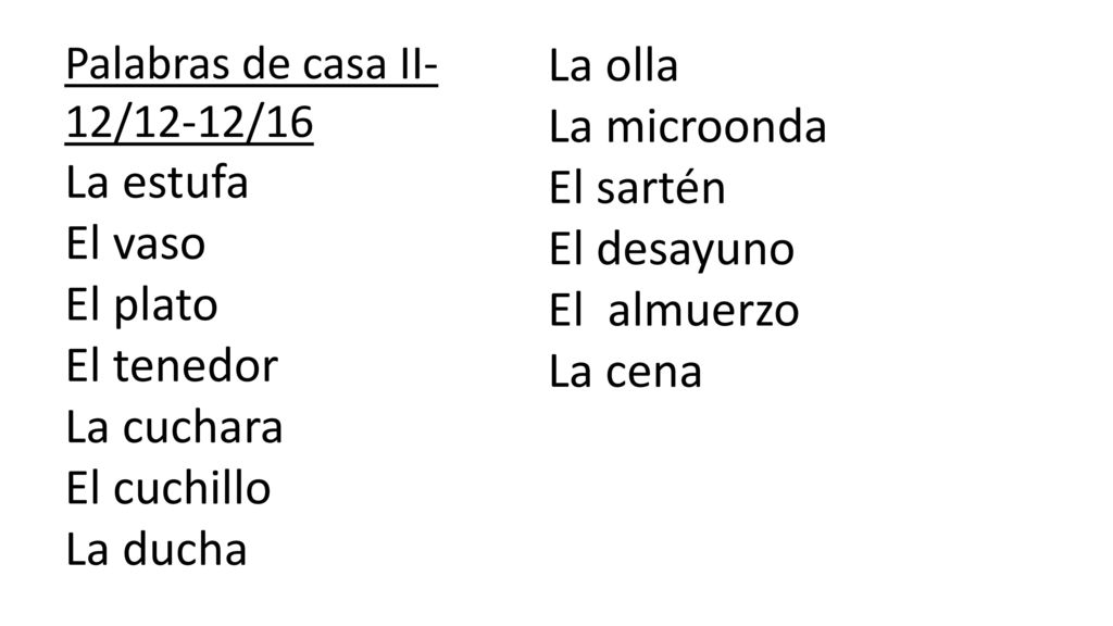 La olla La microonda La estufa El sartén El vaso El desayuno El plato