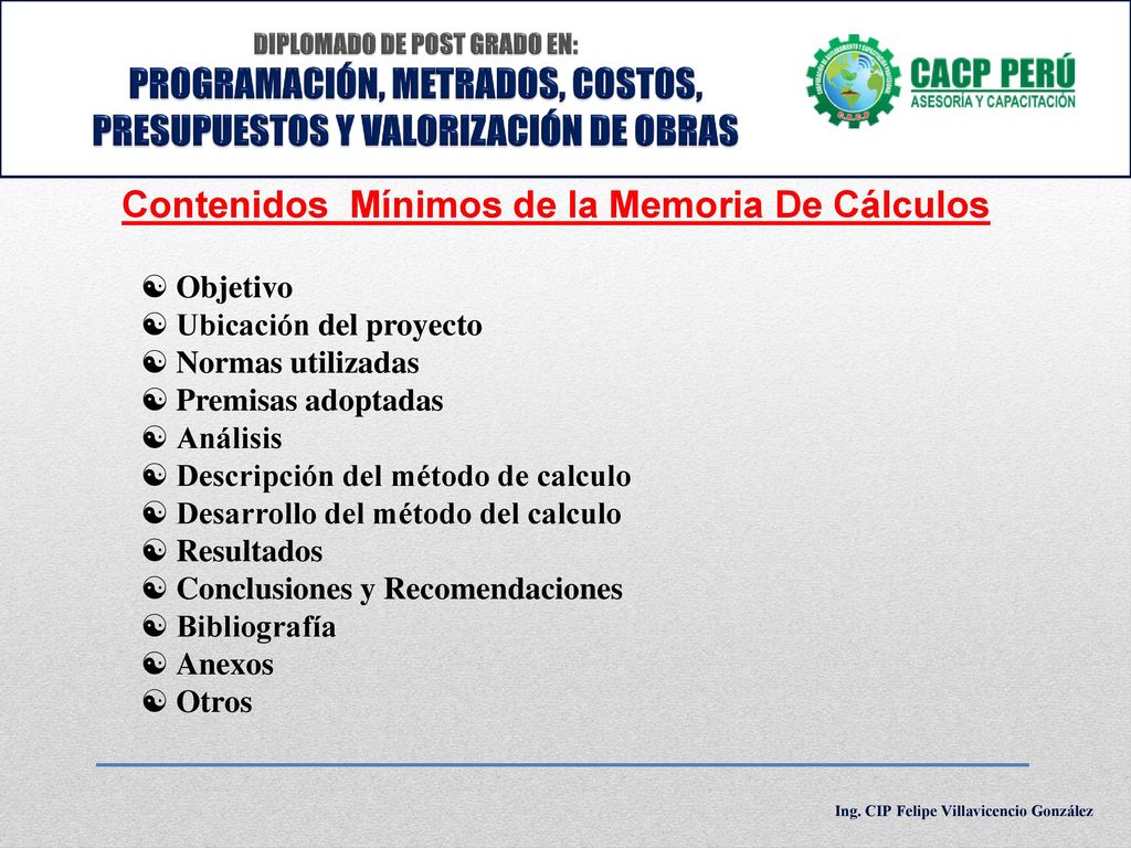 Contenidos Mínimos de la Memoria De Cálculos