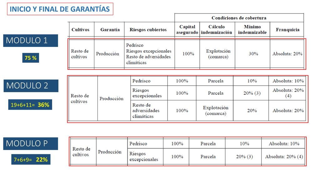 MODULO 1 MODULO 2 MODULO P INICIO Y FINAL DE GARANTÍAS 75 %