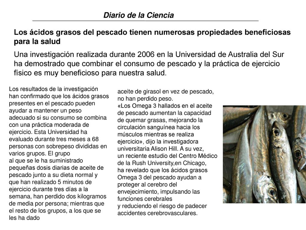Diario de la Ciencia Los ácidos grasos del pescado tienen numerosas propiedades beneficiosas para la salud.