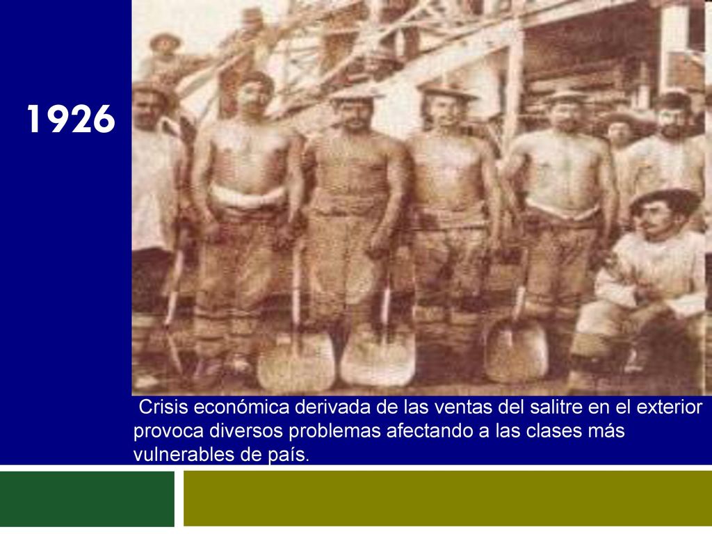 1926 Crisis económica derivada de las ventas del salitre en el exterior provoca diversos problemas afectando a las clases más vulnerables de país.