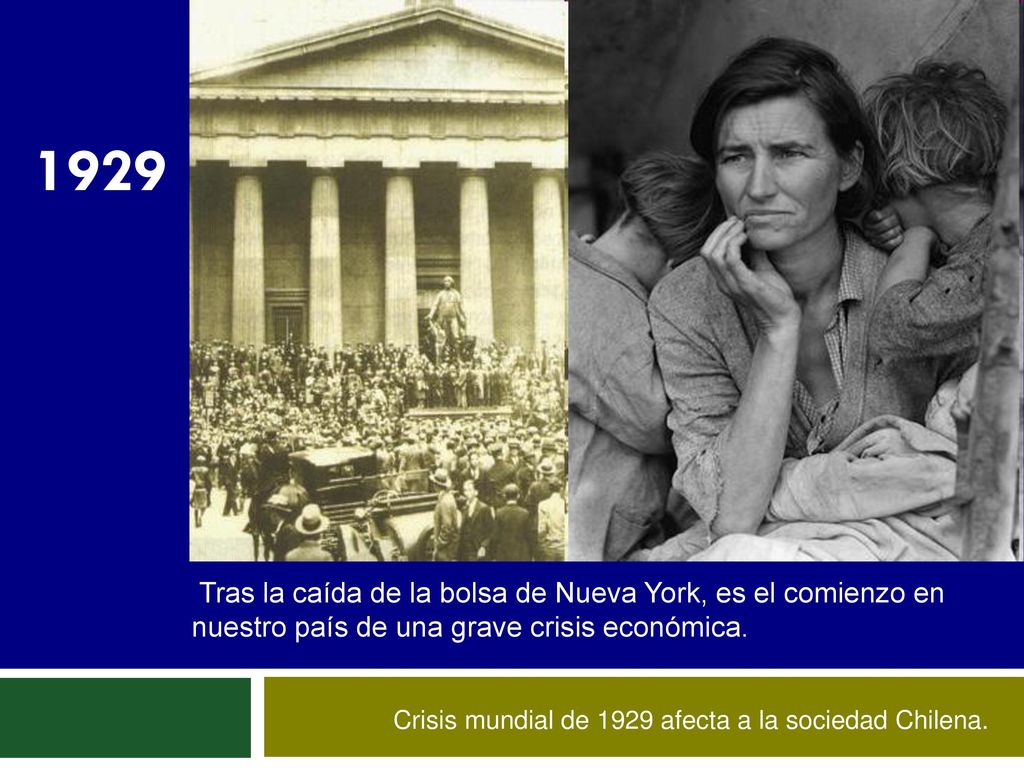 1929 Tras la caída de la bolsa de Nueva York, es el comienzo en nuestro país de una grave crisis económica.