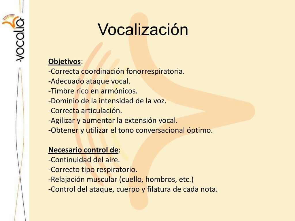Vocalización Objetivos: Correcta coordinación fonorrespiratoria.
