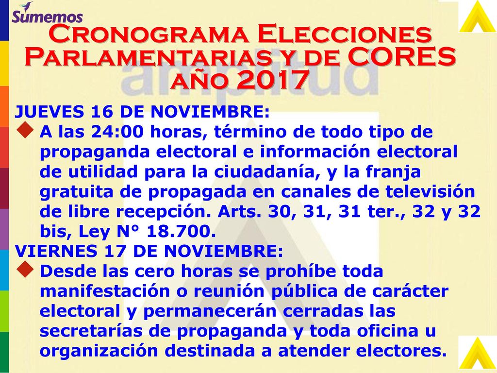 Cronograma Elecciones Parlamentarias y de CORES año 2017