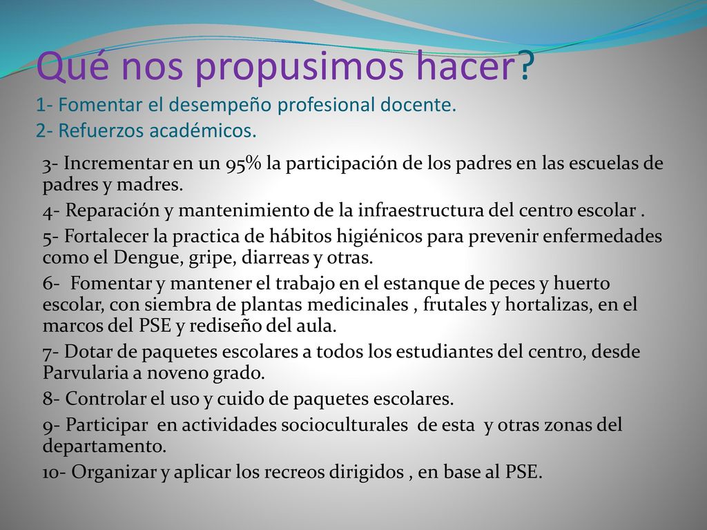 Qué nos propusimos hacer. 1- Fomentar el desempeño profesional docente