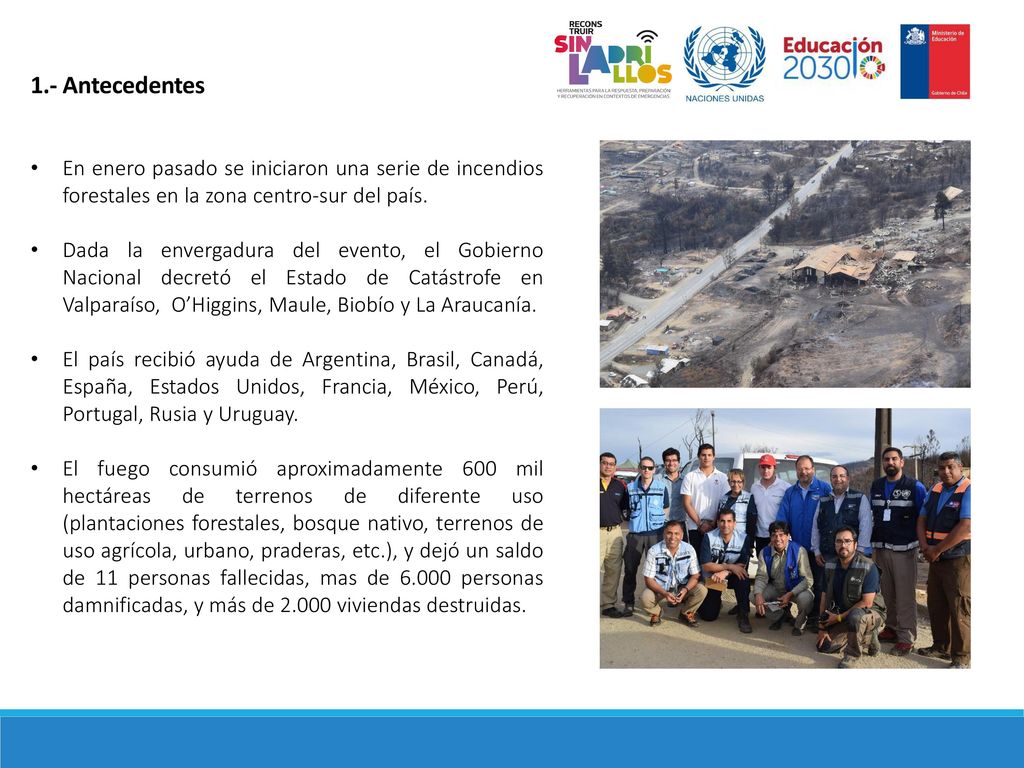 1.- Antecedentes En enero pasado se iniciaron una serie de incendios forestales en la zona centro-sur del país.