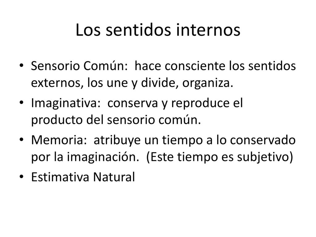 Los sentidos internos Sensorio Común: hace consciente los sentidos externos, los une y divide, organiza.