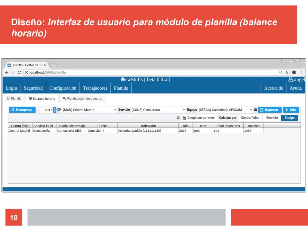 Diseño: Interfaz de usuario para módulo de planilla (balance horario)