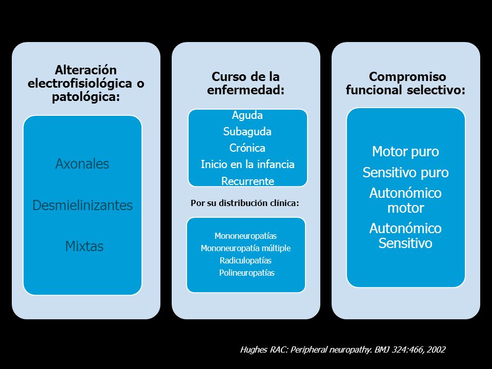 Motor puro Axonales Sensitivo puro Autonómico motor Desmielinizantes