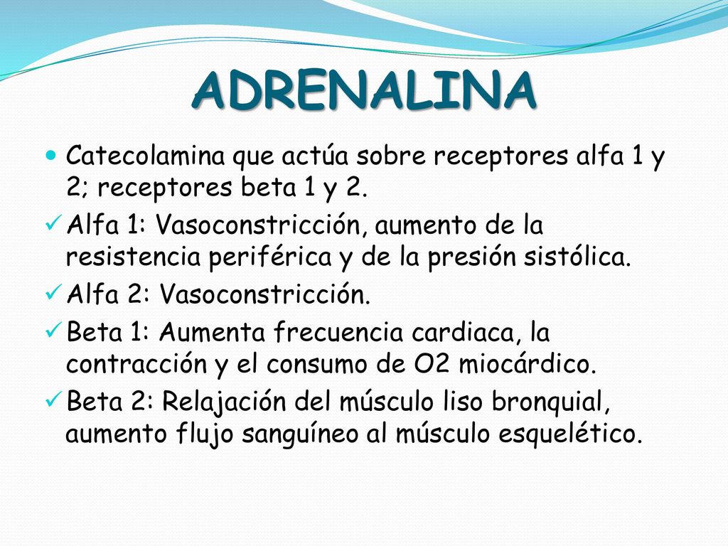ADRENALINA Catecolamina que actúa sobre receptores alfa 1 y 2; receptores beta 1 y 2.