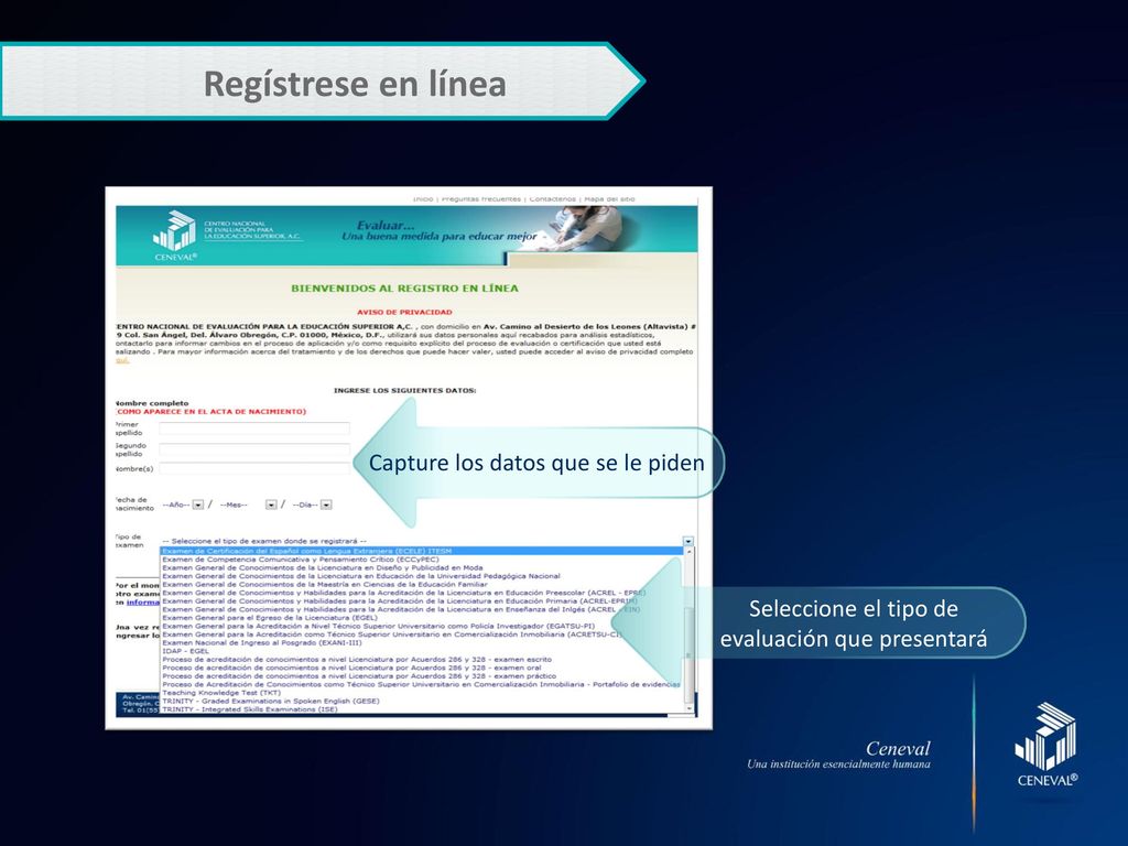 Regístrese en línea Capture los datos que se le piden