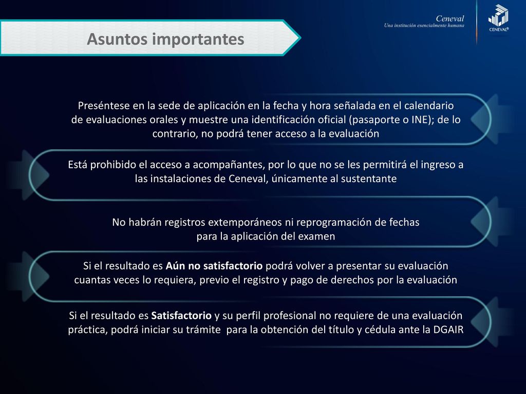Asuntos importantes Preséntese en la sede de aplicación en la fecha y hora señalada en el calendario.