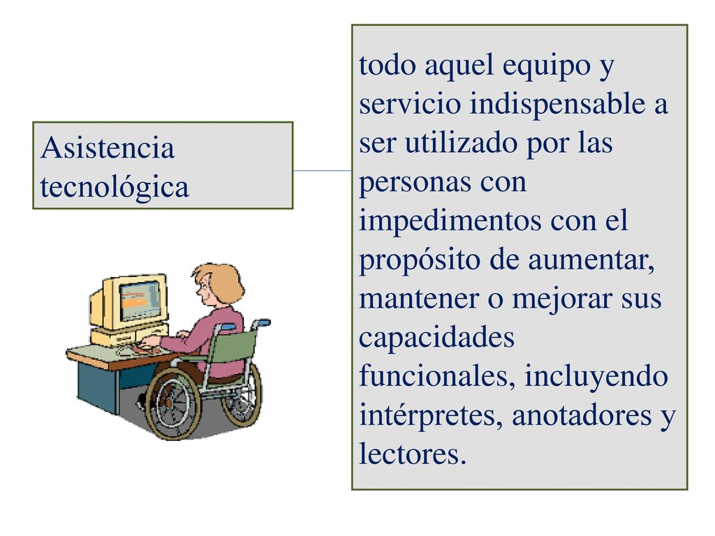 todo aquel equipo y servicio indispensable a ser utilizado por las personas con impedimentos con el propósito de aumentar, mantener o mejorar sus capacidades funcionales, incluyendo intérpretes, anotadores y lectores.