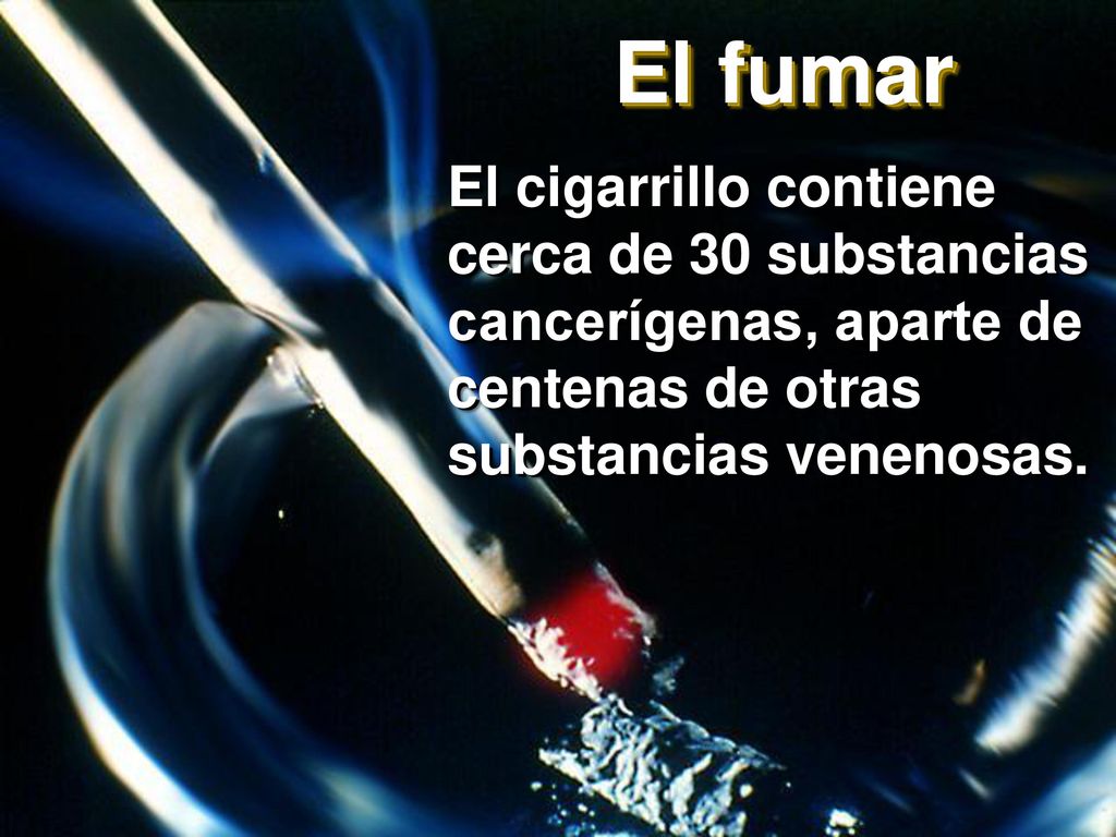 El fumar El cigarrillo contiene cerca de 30 substancias cancerígenas, aparte de centenas de otras substancias venenosas.