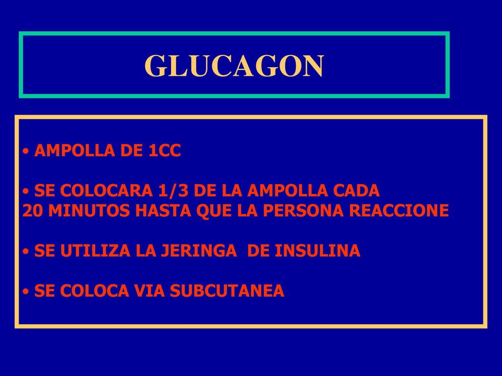 GLUCAGON AMPOLLA DE 1CC SE COLOCARA 1/3 DE LA AMPOLLA CADA
