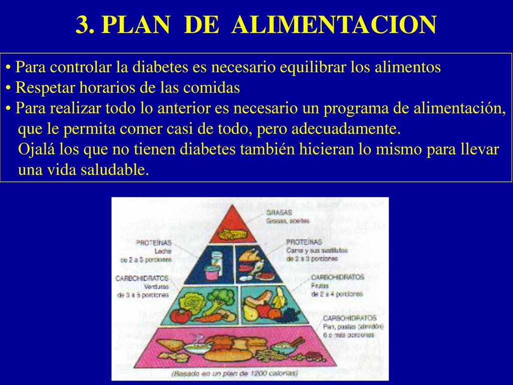 3. PLAN DE ALIMENTACION Para controlar la diabetes es necesario equilibrar los alimentos. Respetar horarios de las comidas.