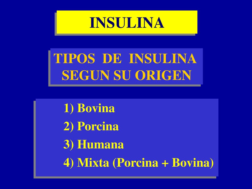 INSULINA TIPOS DE INSULINA SEGUN SU ORIGEN 1) Bovina 2) Porcina