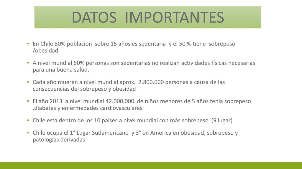 DATOS IMPORTANTES En Chile 80% poblacion sobre 15 años es sedentaria y el 50 % tiene sobrepeso /obesidad.