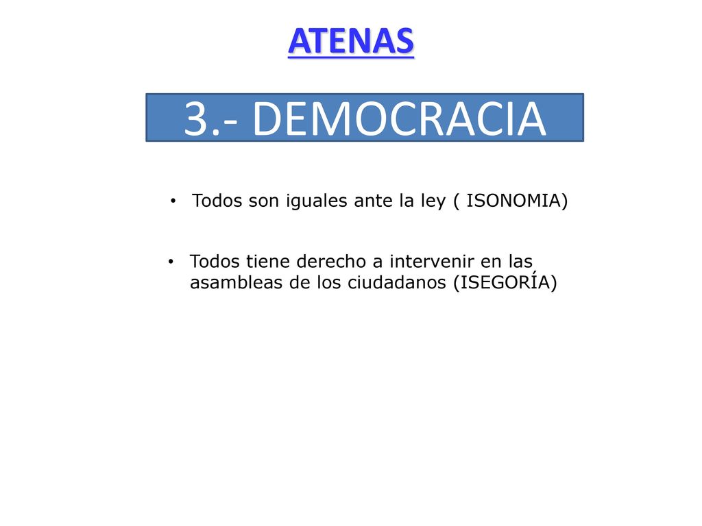 3.- DEMOCRACIA ATENAS Todos son iguales ante la ley ( ISONOMIA)