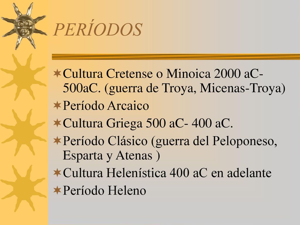 PERÍODOS Cultura Cretense o Minoica 2000 aC- 500aC. (guerra de Troya, Micenas-Troya) Período Arcaico.