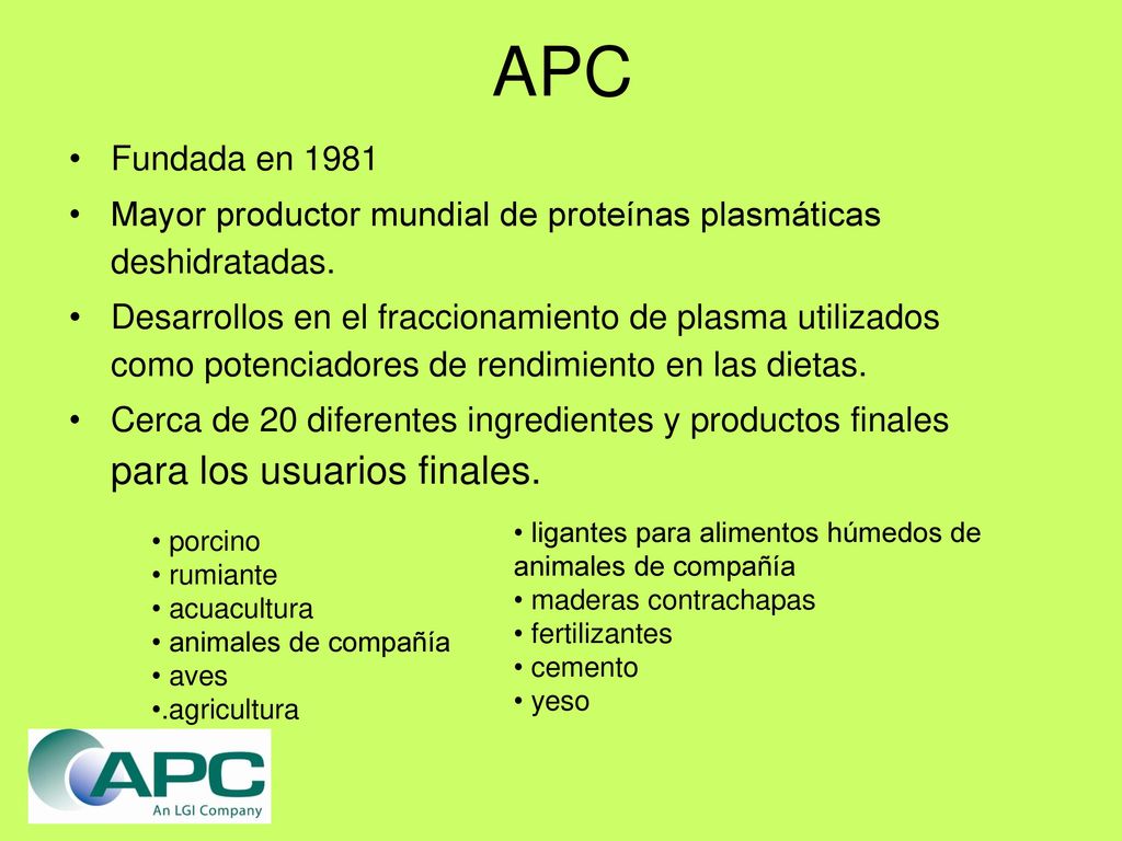 APC Fundada en Mayor productor mundial de proteínas plasmáticas deshidratadas.