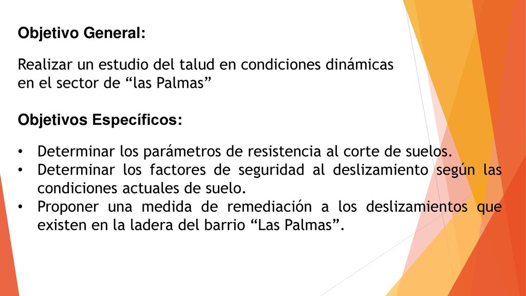 Objetivo General: Realizar un estudio del talud en condiciones dinámicas. en el sector de las Palmas