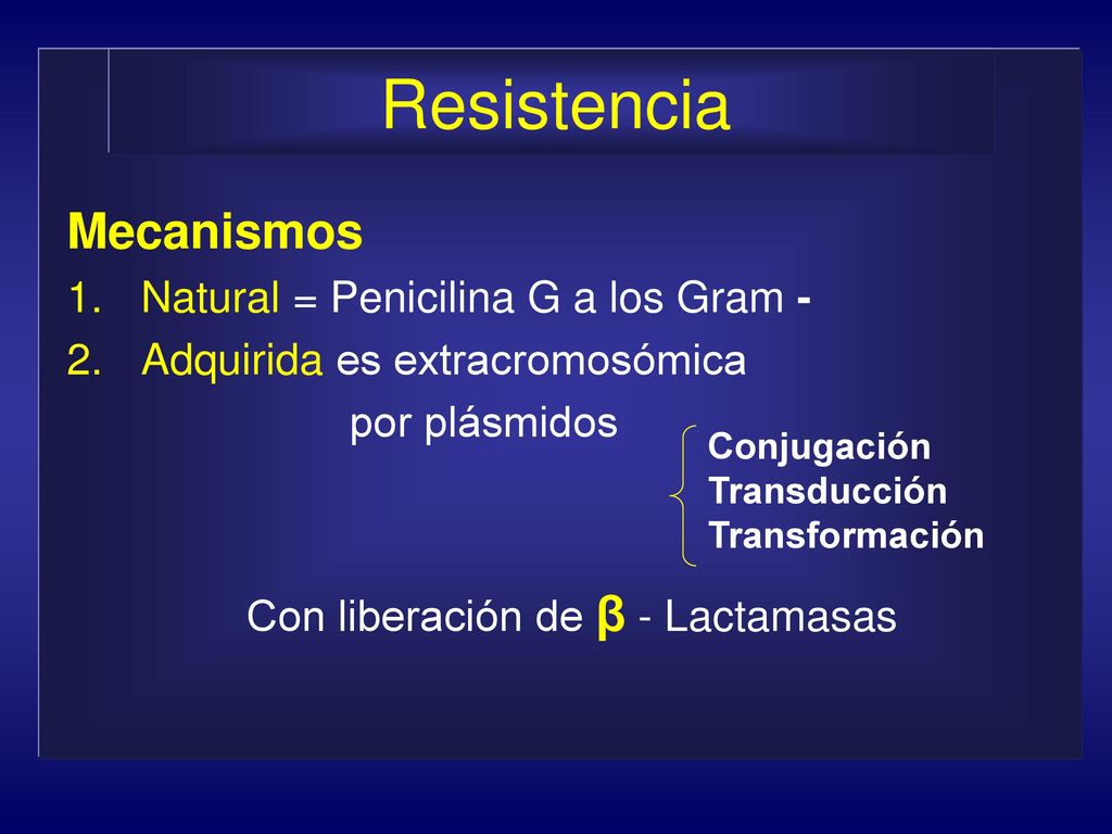Resistencia Mecanismos Natural = Penicilina G a los Gram -