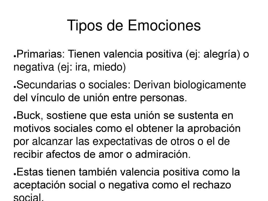Tipos de Emociones Primarias: Tienen valencia positiva (ej: alegría) o negativa (ej: ira, miedo)