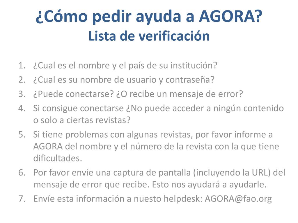 ¿Cómo pedir ayuda a AGORA Lista de verificación