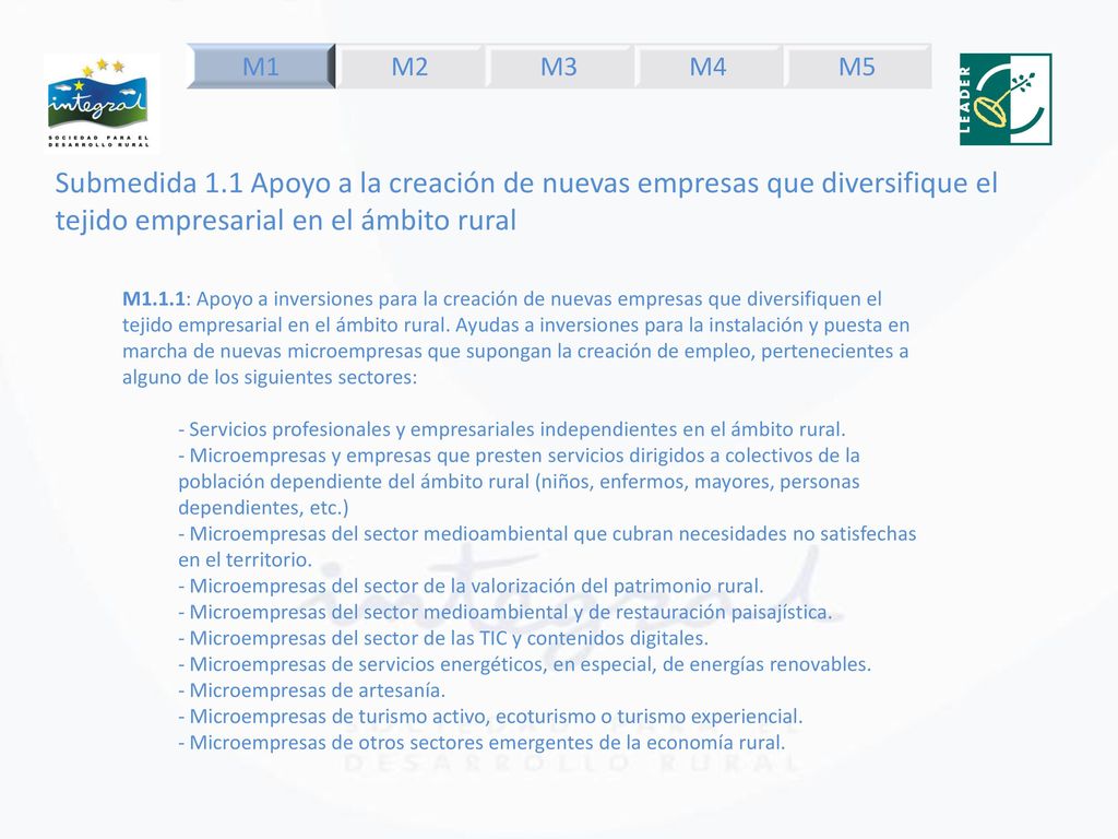 M1 M2. M3. M4. M5. Submedida 1.1 Apoyo a la creación de nuevas empresas que diversifique el tejido empresarial en el ámbito rural.