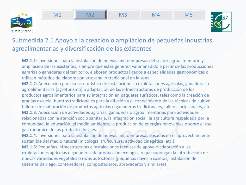 M1 M2. M3. M4. M5. Submedida 2.1 Apoyo a la creación o ampliación de pequeñas industrias agroalimentarias y diversificación de las existentes.