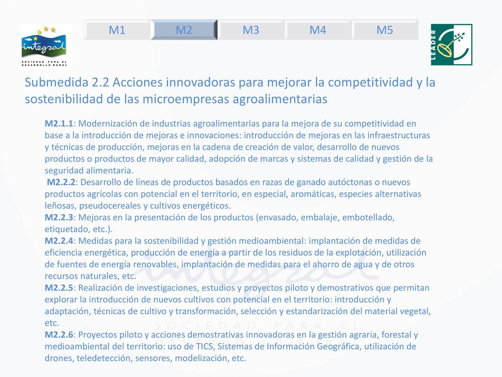 M1 M2. M3. M4. M5. Submedida 2.2 Acciones innovadoras para mejorar la competitividad y la sostenibilidad de las microempresas agroalimentarias.